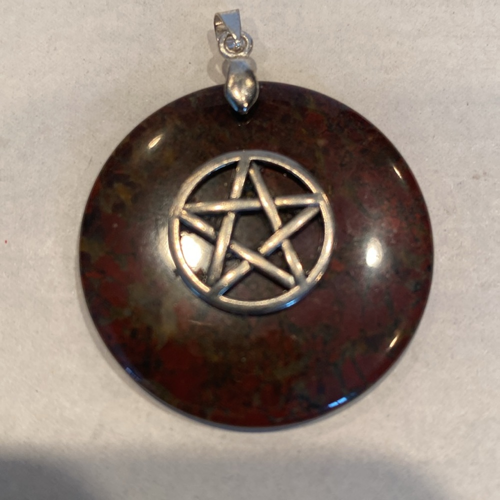 Vintage Red Jasper Pendant with Silvertone Pentagram